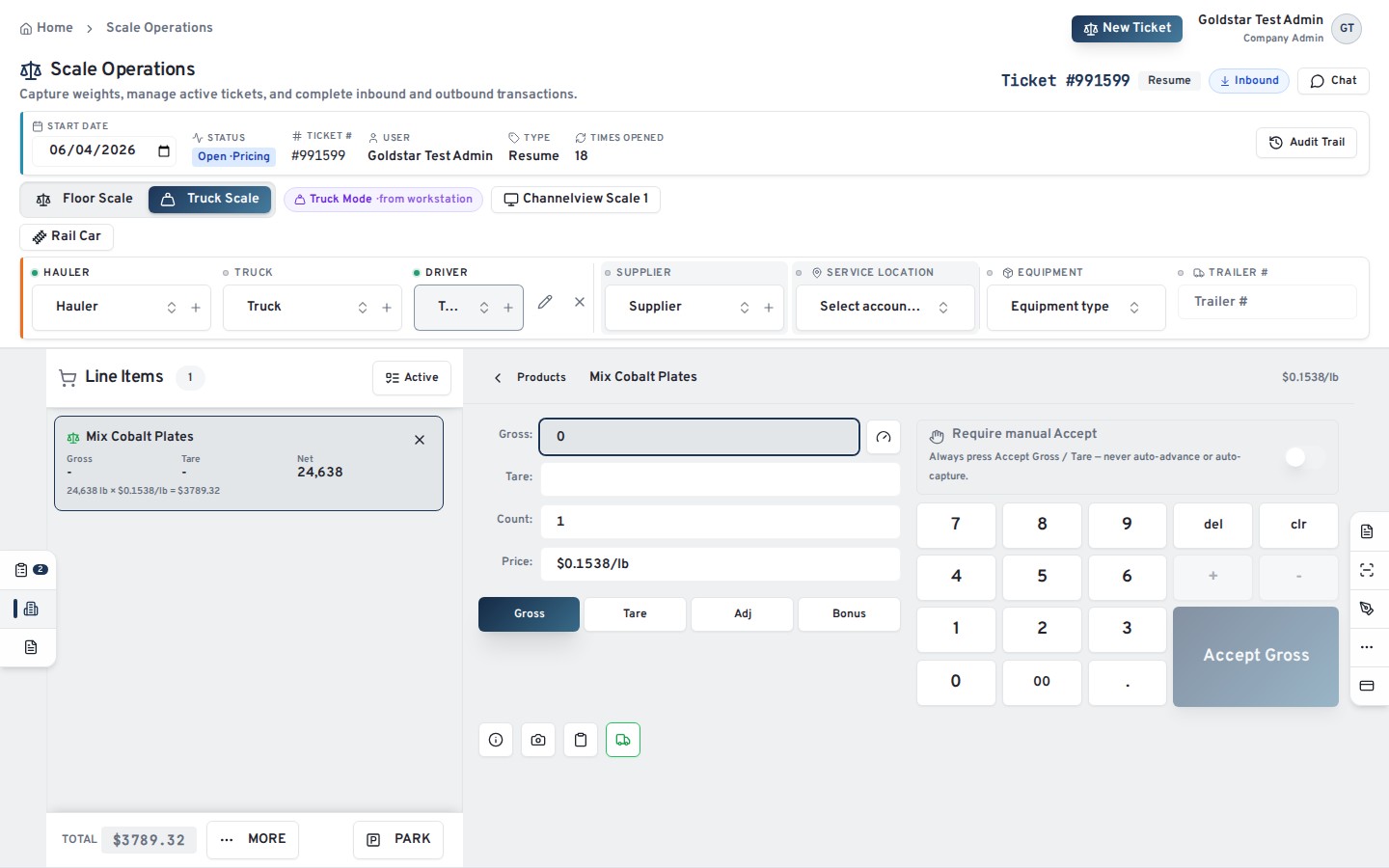 OnlineScrap gross-weight capture screen reading the scale with the ticket's account and product already applied