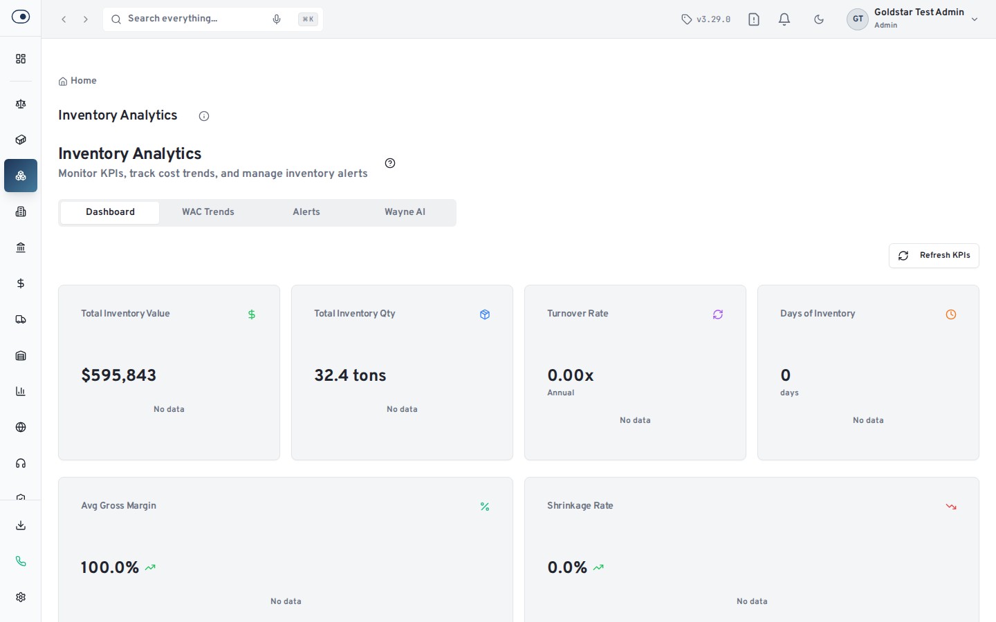 OnlineScrap inventory and settlement analytics dashboard showing tonnage and value by commodity